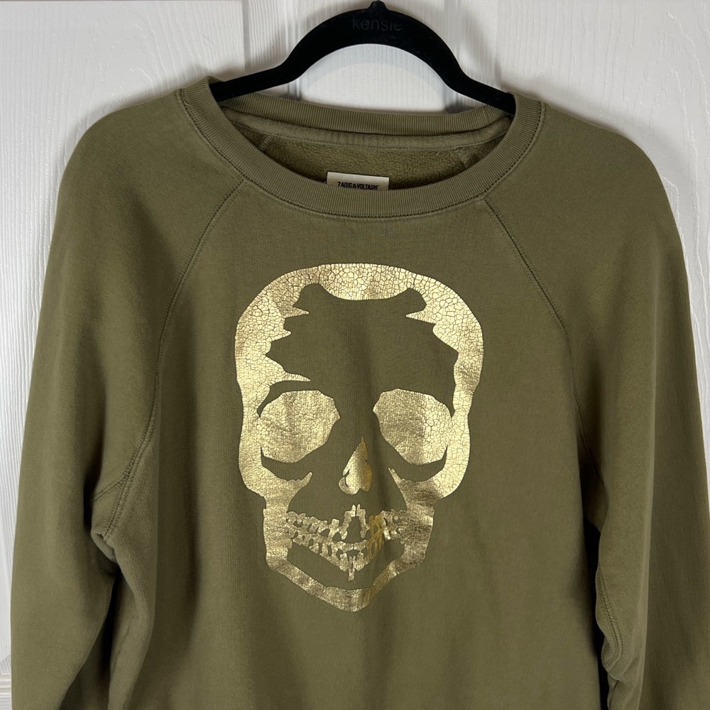 Zadig & Voltaire olive green gold skull crewneck sweat shirt size Small - Picture 3 of 6
